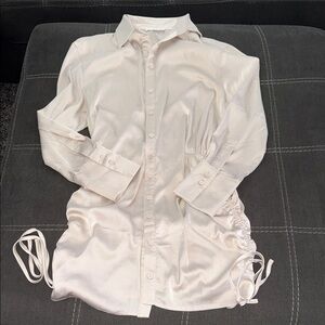 Cream Satin Button-Front Shirt Dress with Side Ties